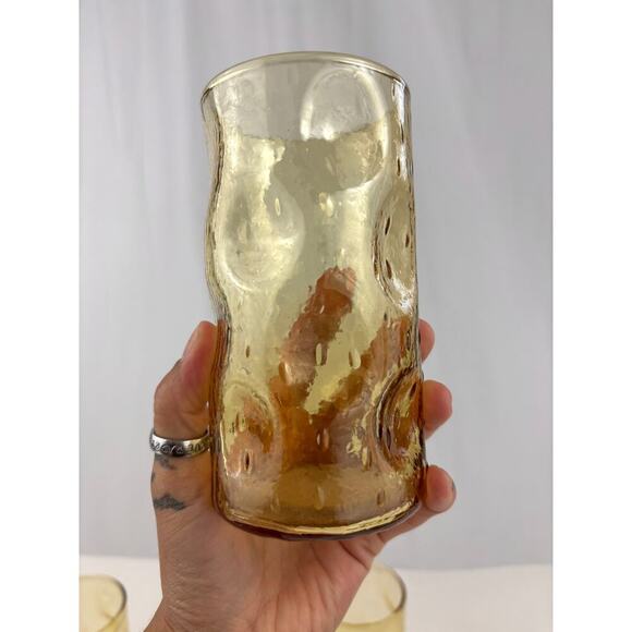 VTG Honey Amber Dimpled Glass Tumblers Pinched Yellow MCM Set of 4 - Picture 12 of 14